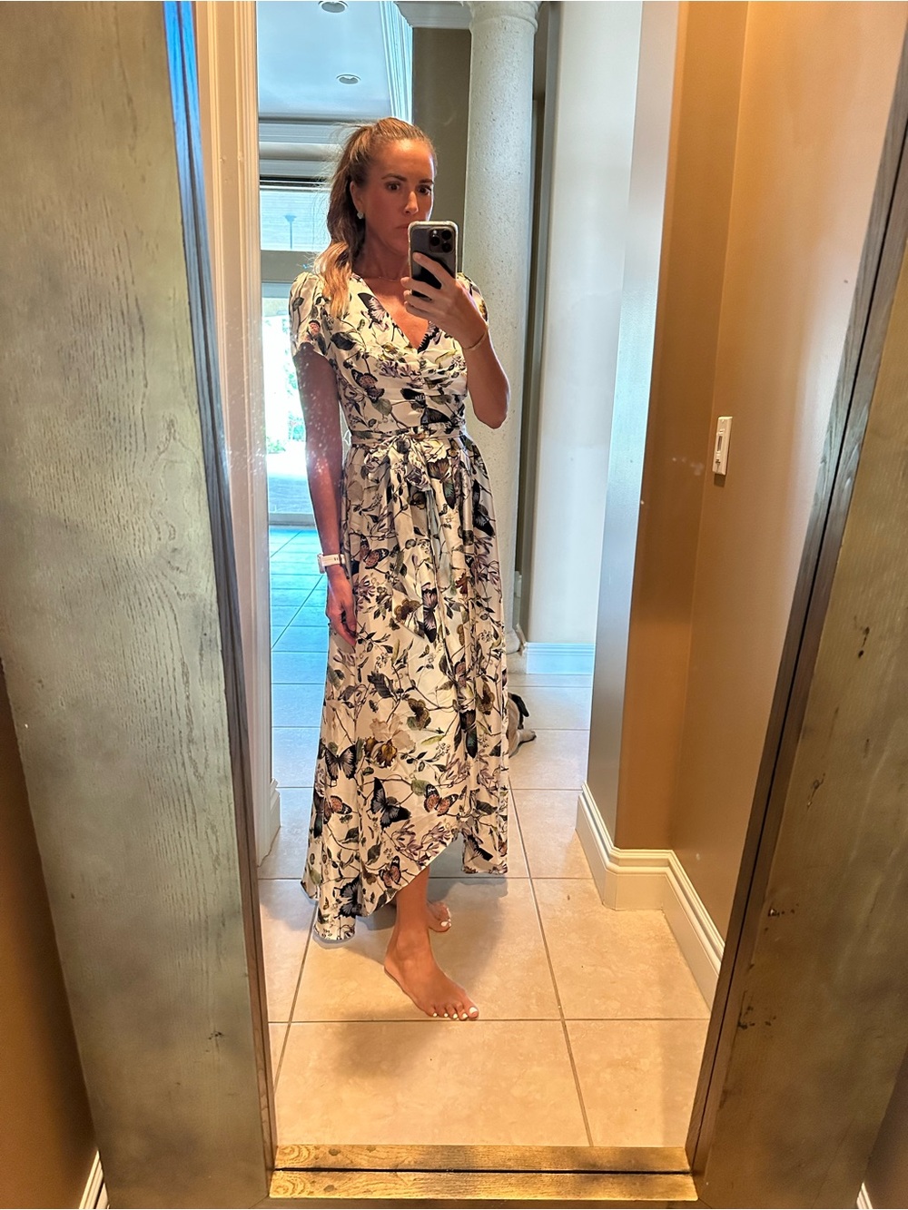 Floral Wrap Maxi Dress - White with Multi-Color Botanical Buuterfly Print NWT
